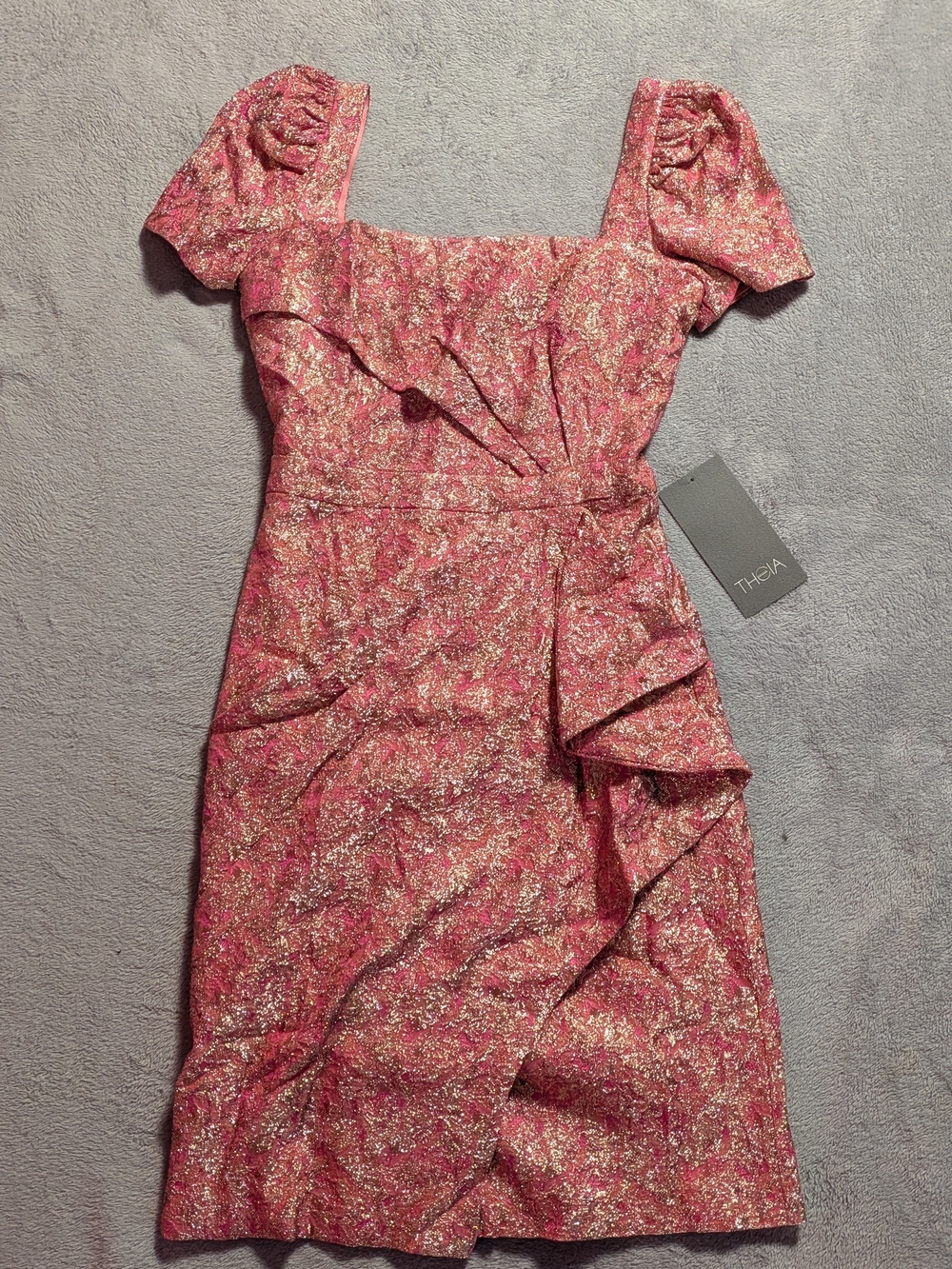 Theia Pink Metallic Ruffle Sheath Dress